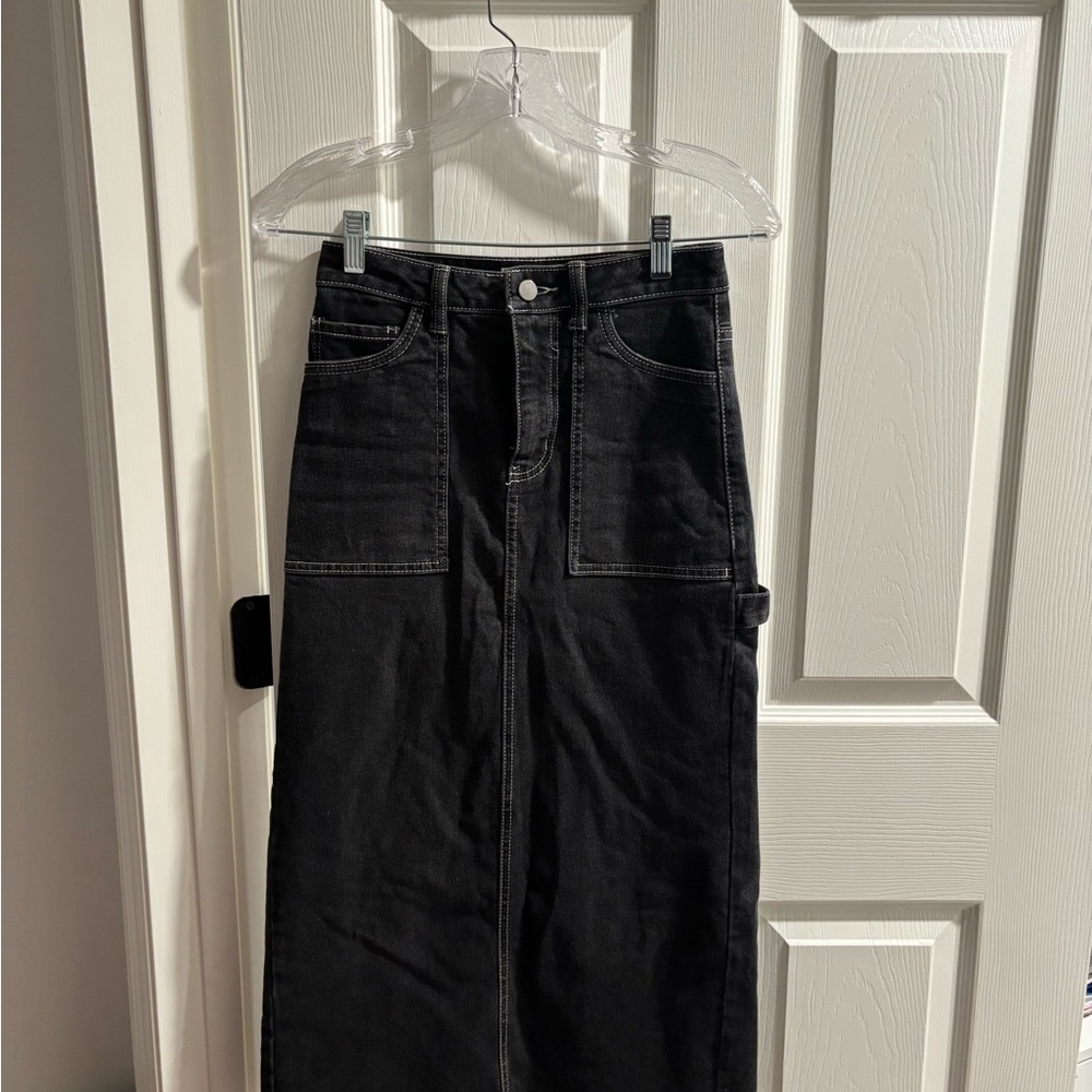Classic Black Women's Long Denim Skirt w Slit
